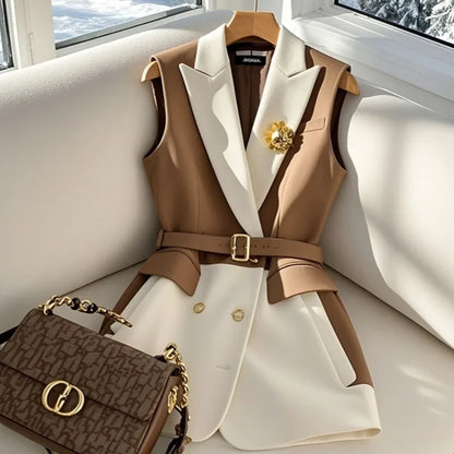 French Chic Women’s Sleeveless Blazer Vest – Coffee Belted Slim Fit Office Jacket