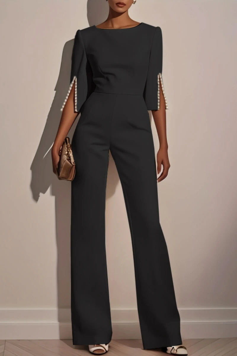 Elegant Beaded Jumpsuit – Casual Solid Color 3/4 Sleeve High Waist