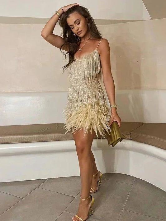 Tassel Sequin Mini Dress –Elegant Feather Spaghetti Strap