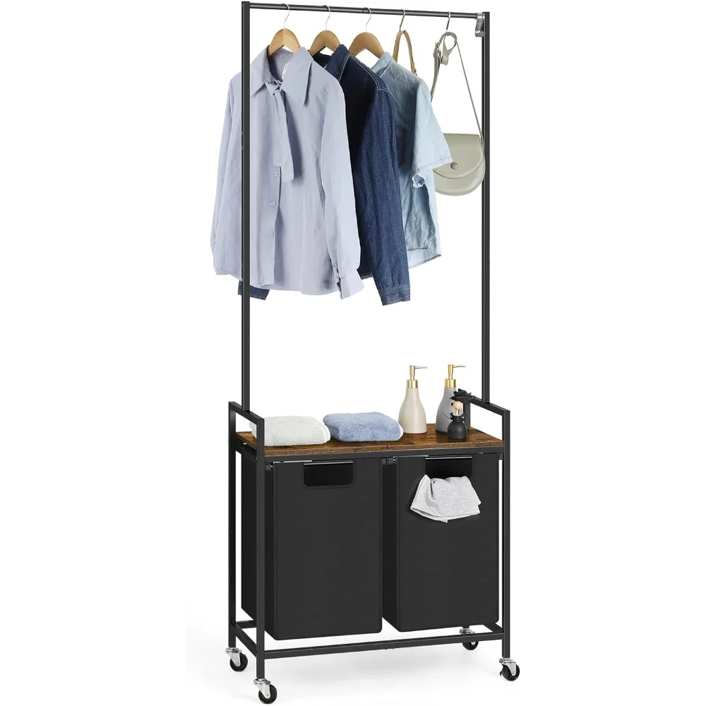 2 Section Laundry Hamper with Shelf and Wheels