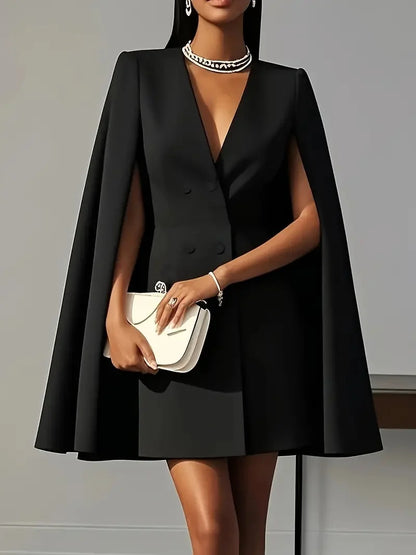 Women’s Elegant Blazer Midi Dress – Double Breasted V-Neck Cape Sleeve Office & Party Style