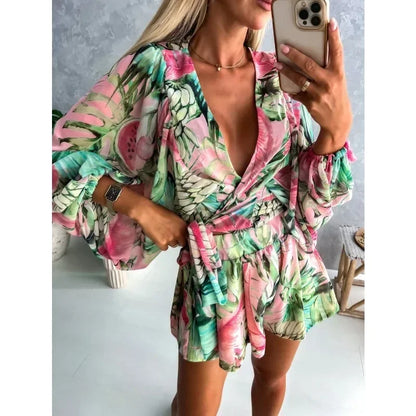 Tropical Vibe Women’s Jumpsuit Set – Casual Printed Belted Long Sleeve Outfit
