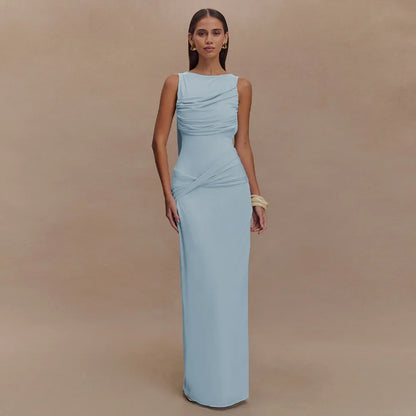 Sexy Sleeveless Pleated Bodycon Maxi Dress –