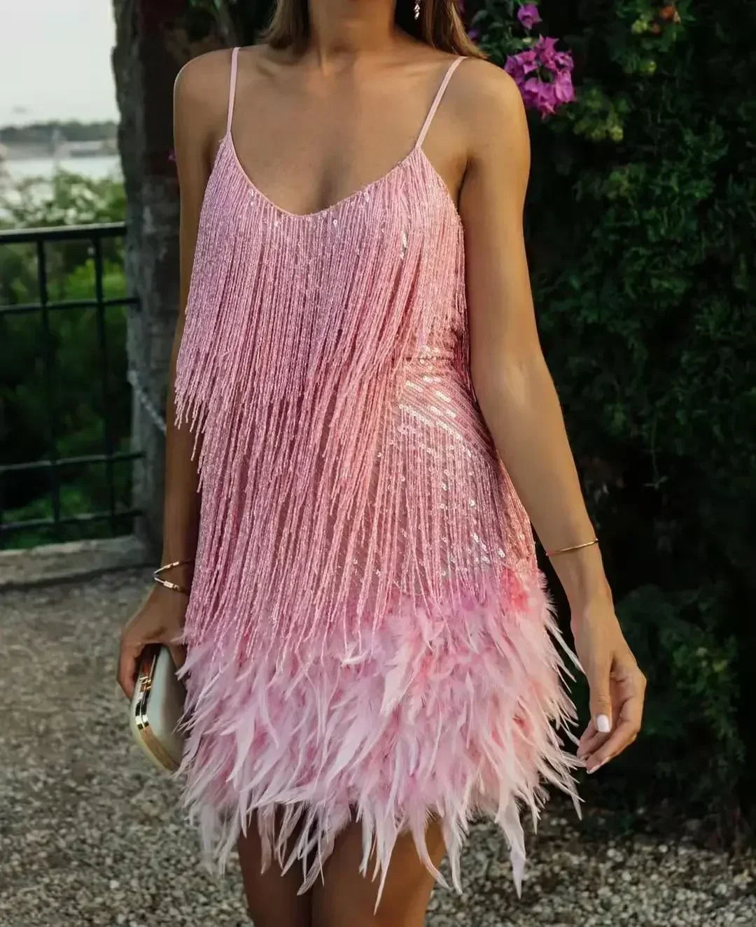 Tassel Sequin Mini Dress –Elegant Feather Spaghetti Strap