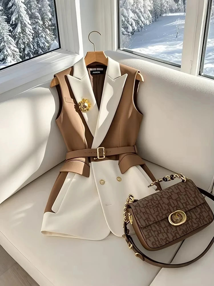French Chic Women’s Sleeveless Blazer Vest – Coffee Belted Slim Fit Office Jacket
