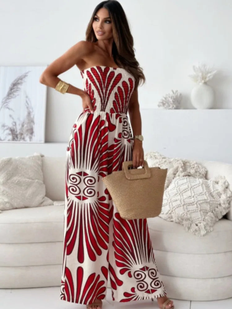 Elegant Off-Shoulder Printed Jumpsuit – Wide-Leg Romper with Waist Cinching Tie