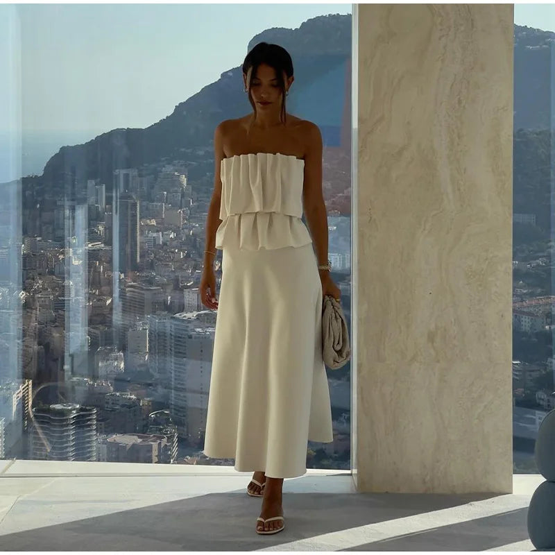 Elegant Pleated Sleeveless Maxi Dress for Women – 2025 Spring White Slim Tube Party Dress