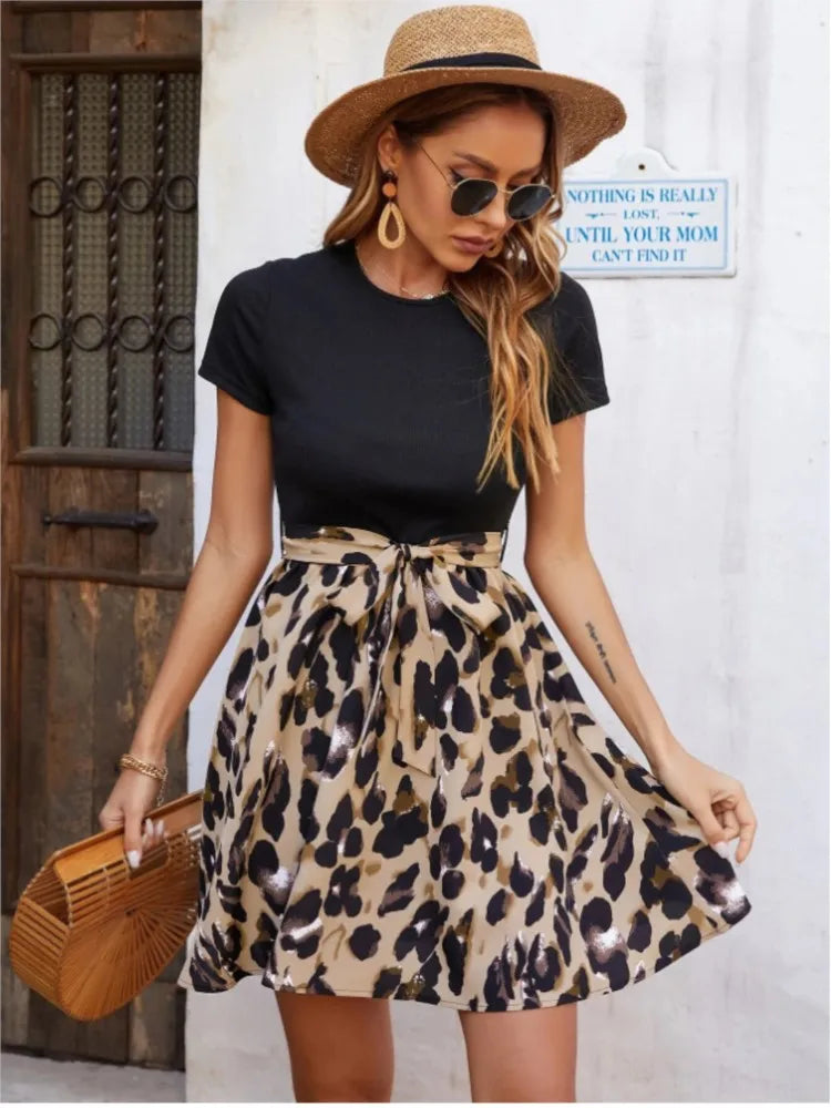 2025 Summer Leopard Print Mini Dress – Round Neck, Short Sleeve Patchwork with Bow