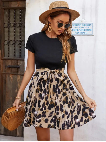 2025 Summer Leopard Print Mini Dress – Round Neck, Short Sleeve Patchwork with Bow
