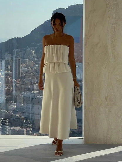 Elegant Pleated Sleeveless Maxi Dress for Women – 2025 Spring White Slim Tube Party Dress