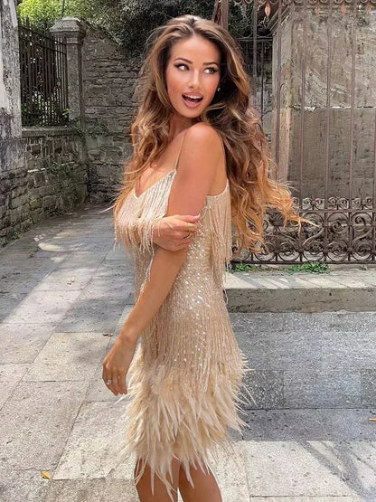 Tassel Sequin Mini Dress –Elegant Feather Spaghetti Strap