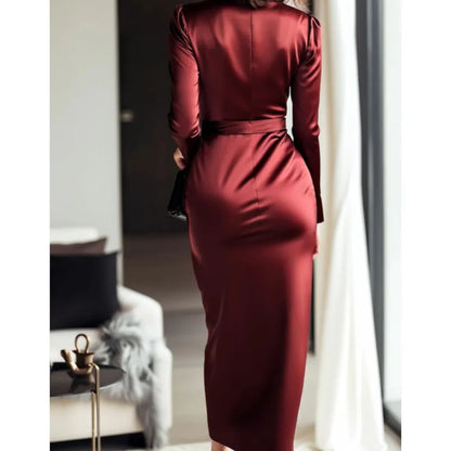 Velvety Satin Cross-Wrap Pencil Dress