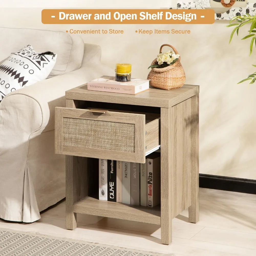 Farmhouse Rattan Nightstand Pair