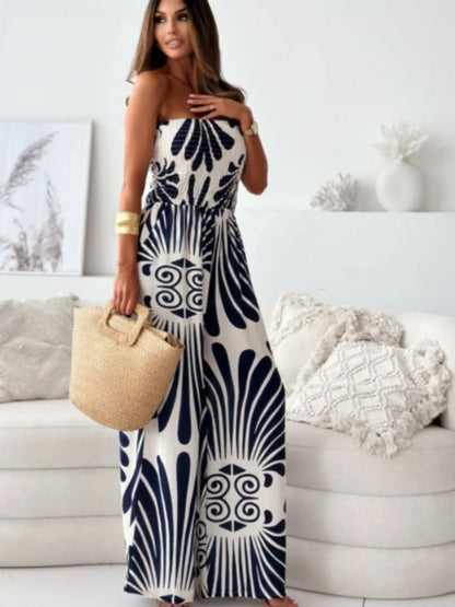 Elegant Off-Shoulder Printed Jumpsuit – Wide-Leg Romper with Waist Cinching Tie