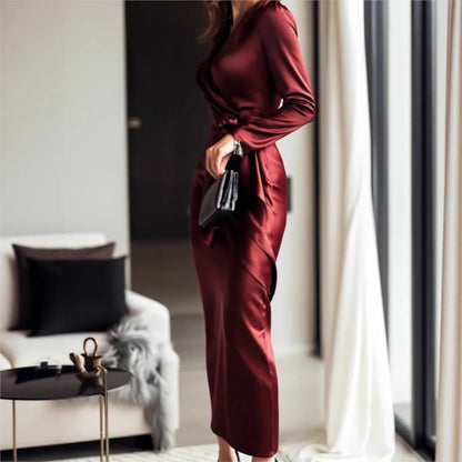 Velvety Satin Cross-Wrap Pencil Dress