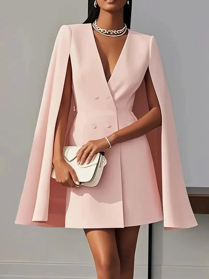 Women’s Elegant Blazer Midi Dress – Double Breasted V-Neck Cape Sleeve Office & Party Style