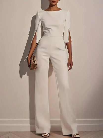 Elegant Beaded Jumpsuit – Casual Solid Color 3/4 Sleeve High Waist
