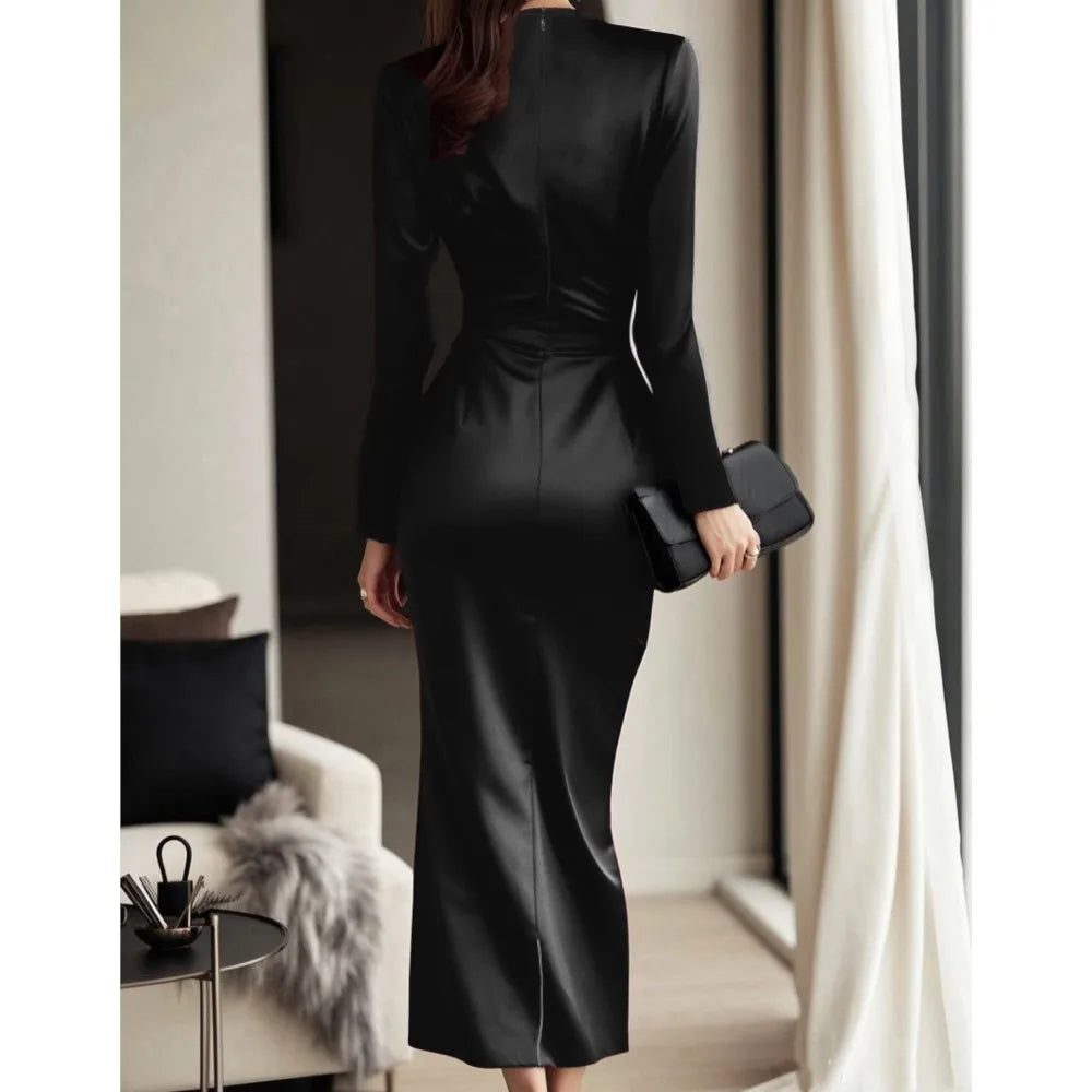 Velvety Satin Cross-Wrap Pencil Dress