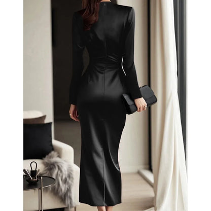 Velvety Satin Cross-Wrap Pencil Dress
