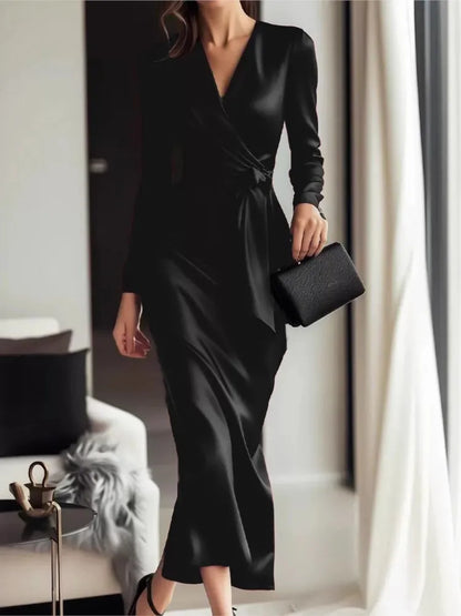 Velvety Satin Cross-Wrap Pencil Dress