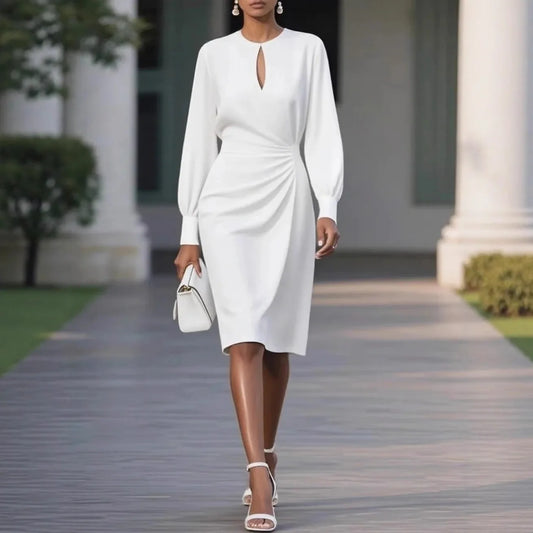 Elegant Long Sleeve Midi Dress for Women 2025 – Autumn Winter O-Neck Hollow Out Bodycon Party Dress