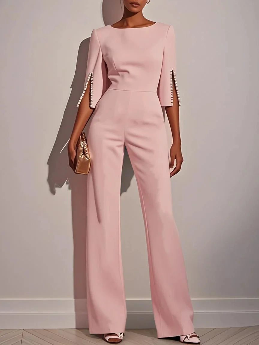 Elegant Beaded Jumpsuit – Casual Solid Color 3/4 Sleeve High Waist