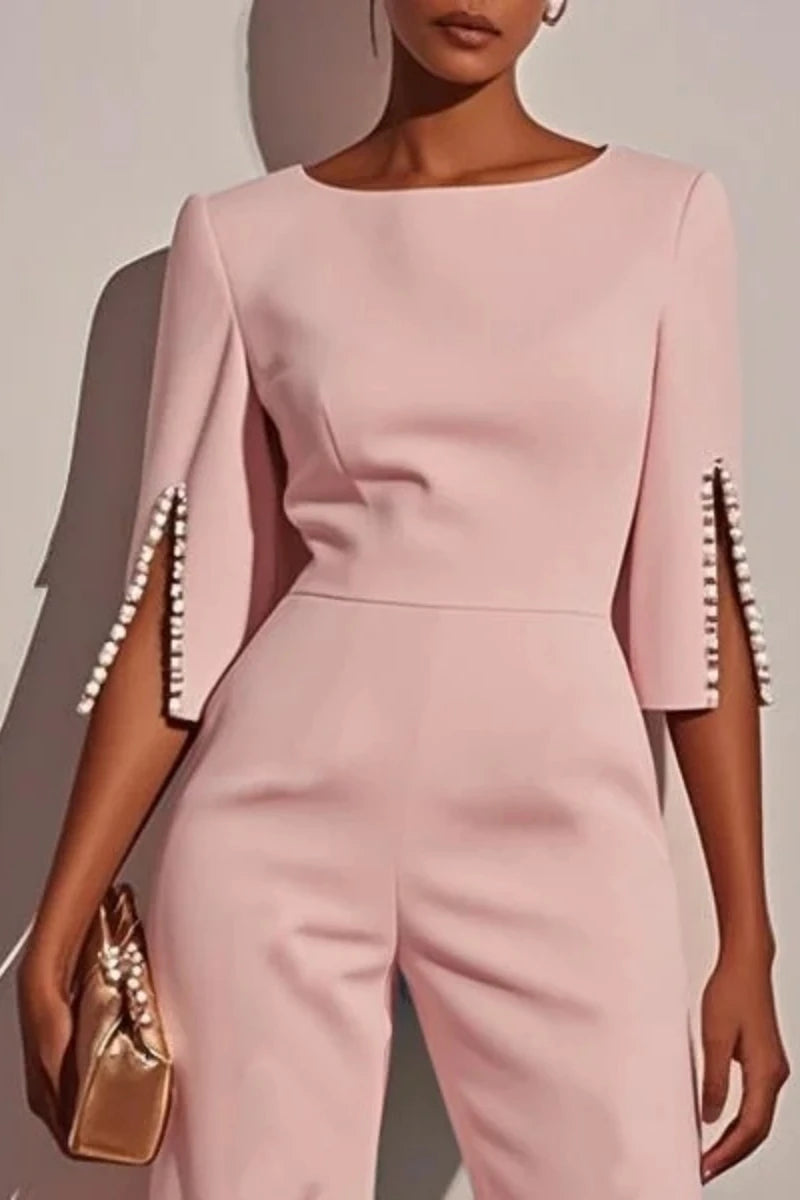 Elegant Beaded Jumpsuit – Casual Solid Color 3/4 Sleeve High Waist