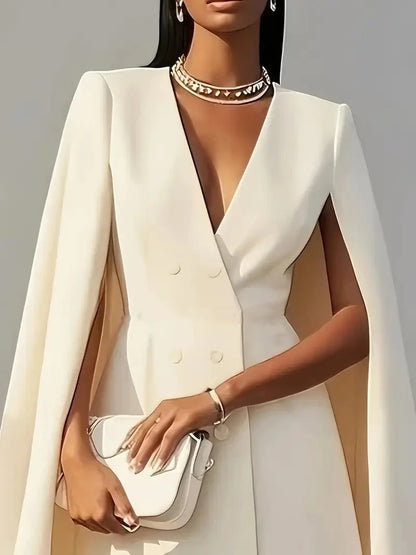 Women’s Elegant Blazer Midi Dress – Double Breasted V-Neck Cape Sleeve Office & Party Style