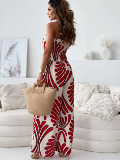 Elegant Off-Shoulder Printed Jumpsuit – Wide-Leg Romper with Waist Cinching Tie
